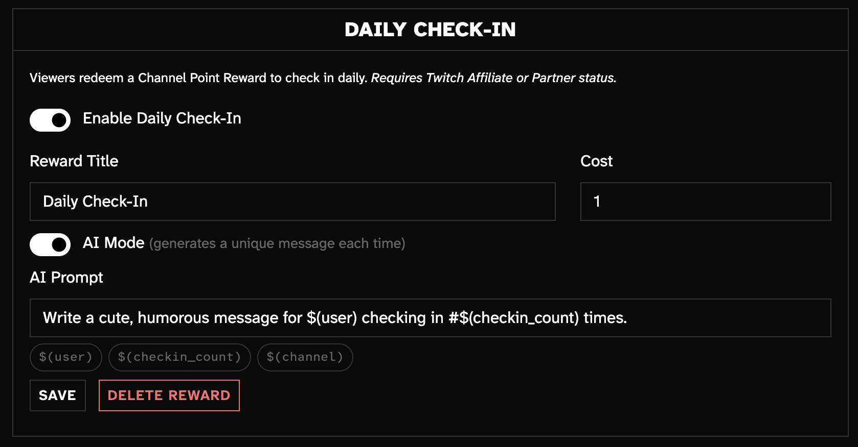 WildcatSage dashboard showing the Daily Check-In configuration card. The enable toggle is on, the reward title is set to "Daily Check-In" with a cost of 1 Channel Point. AI Mode is enabled with a prompt that reads "Write a cute, humorous message for $(user) checking in #$(checkin_count) times." Below the prompt are clickable variable chips for $(user), $(checkin_count), and $(channel), followed by Save and Delete Reward buttons.