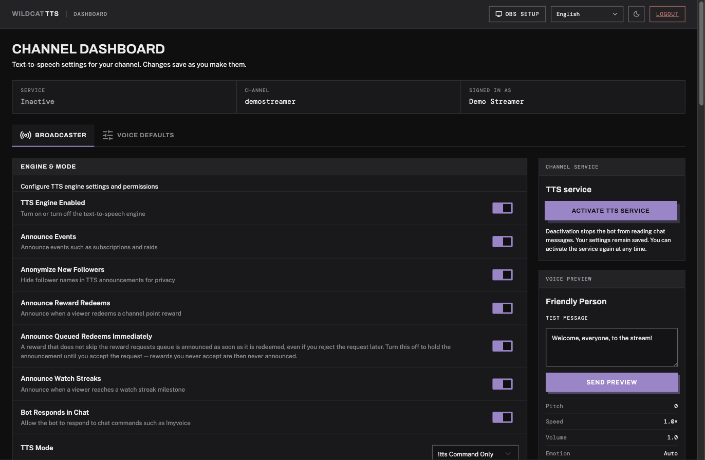 The WildcatTTS channel dashboard for a newly approved channel. A status bar shows Service: Inactive, the channel name, and who is signed in. Below it are Broadcaster and Voice Defaults tabs, with the Engine & Mode card listing toggles for TTS Engine Enabled, Announce Events, Anonymize New Followers and more. The Channel service card on the right has a purple Activate TTS service button.