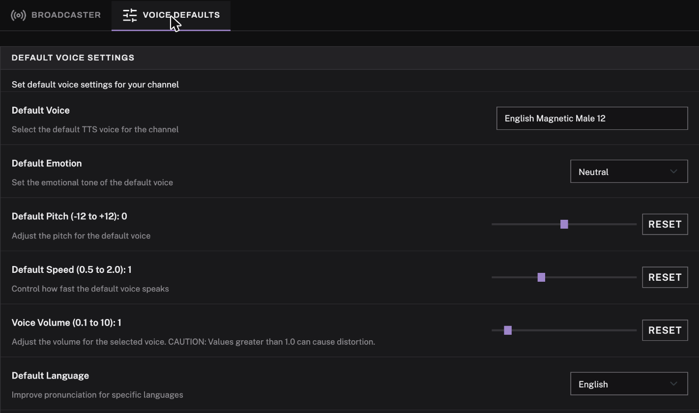 The Voice Defaults tab. Rows for Default Voice, Default Emotion set to Neutral, sliders for Default Pitch, Default Speed and Voice Volume each with a Reset button, and Default Language set to English.