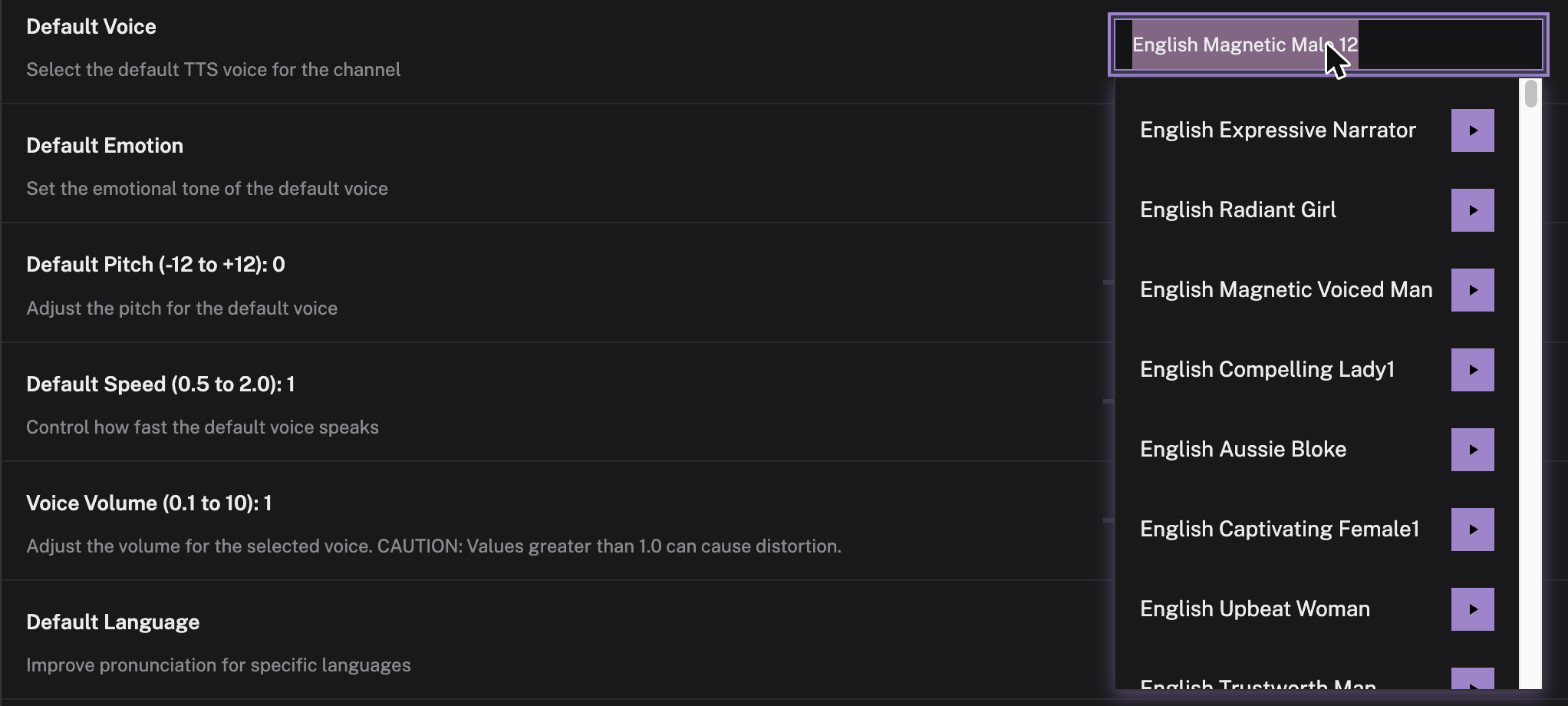 The Default Voice picker open, listing voices such as English Expressive Narrator, English Radiant Girl and English Aussie Bloke, each with a purple play button to its right.